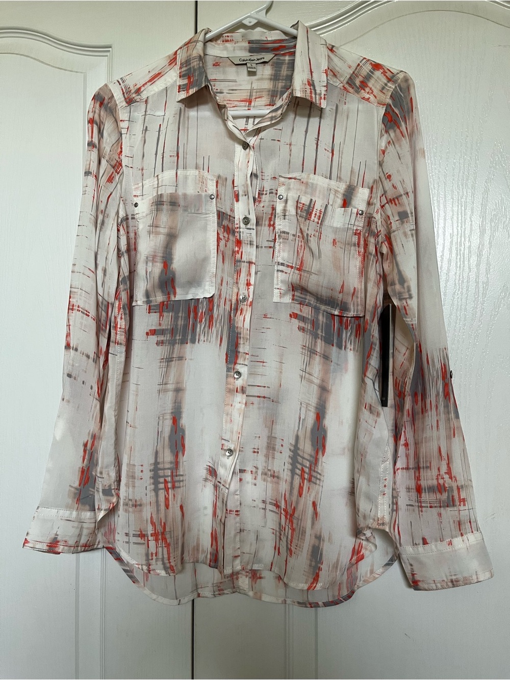 Calvin Klein Jeans Cream Button-Up Shirt with Red & Gray Brush Print
